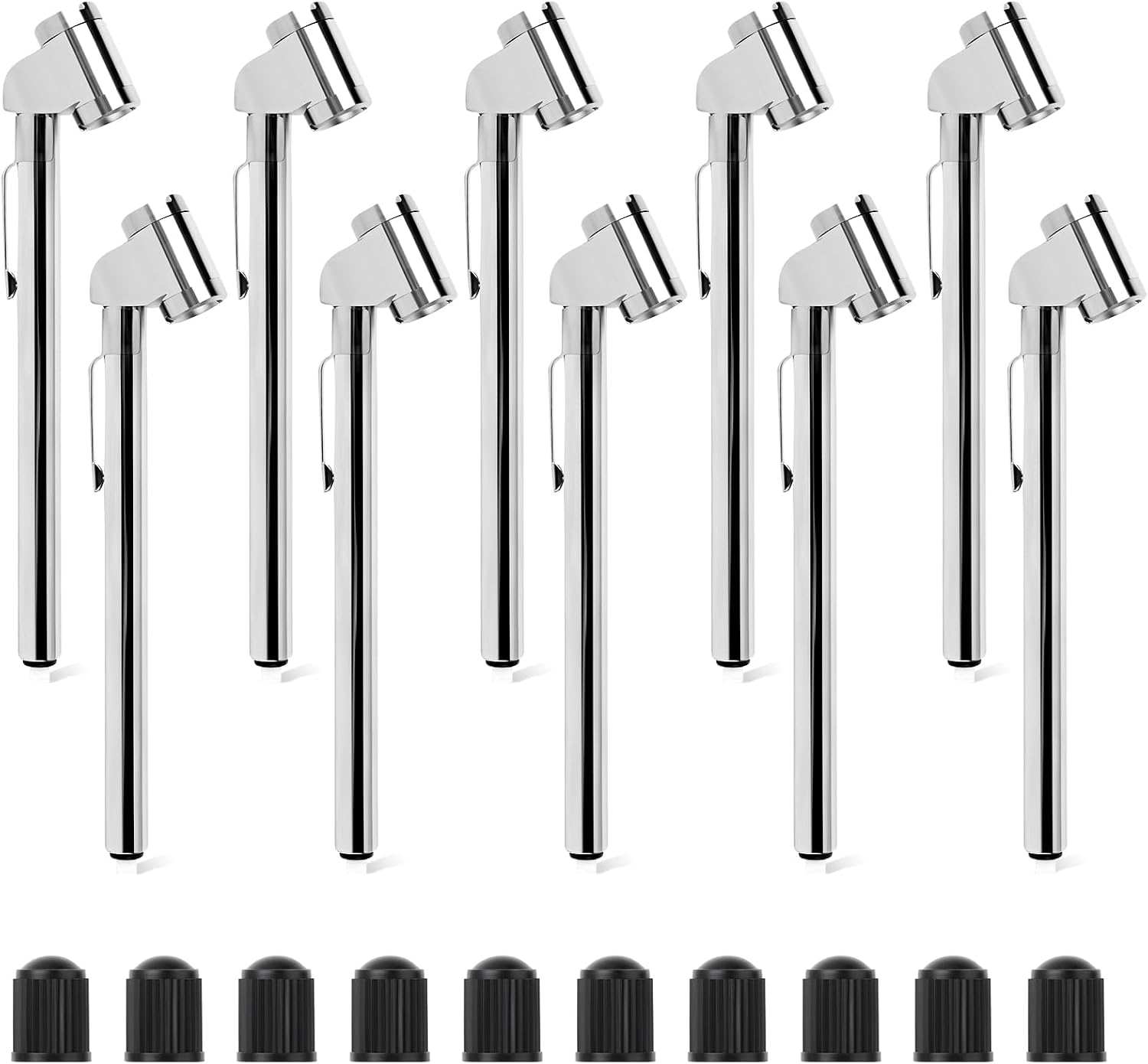 MEANLIN MEASURE 10Pcs Silver Double Straight Type Tire Pressure Gauge，Dual Head Air Pressure Gauge with 10Pcs Black Stem Caps，Pressure Range 10-120 Psi(Suitable for Trucks, etc.