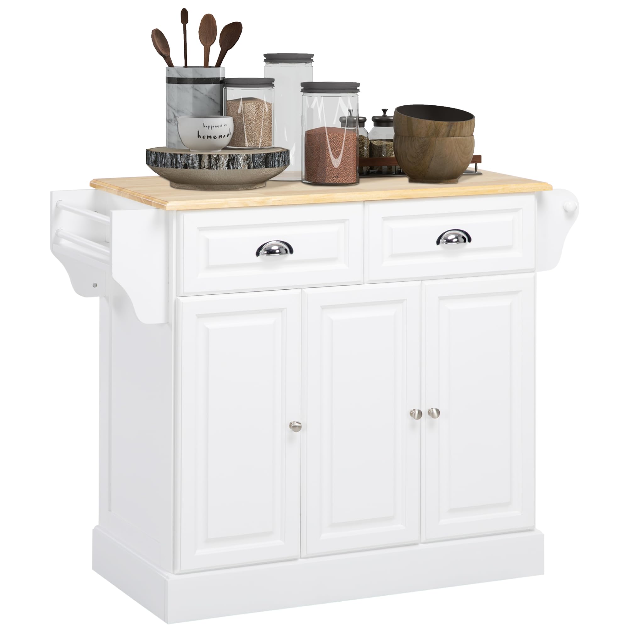 HOMCOM Ilot de Cuisine Chariot de Cuisine à roulettes Desserte Polyvalent avec 2 tiroirs 3 Portes Porte-Serviettes et Porte-épices pour Salle à Manger dim. 110L x 45l x 91H cm Blanc