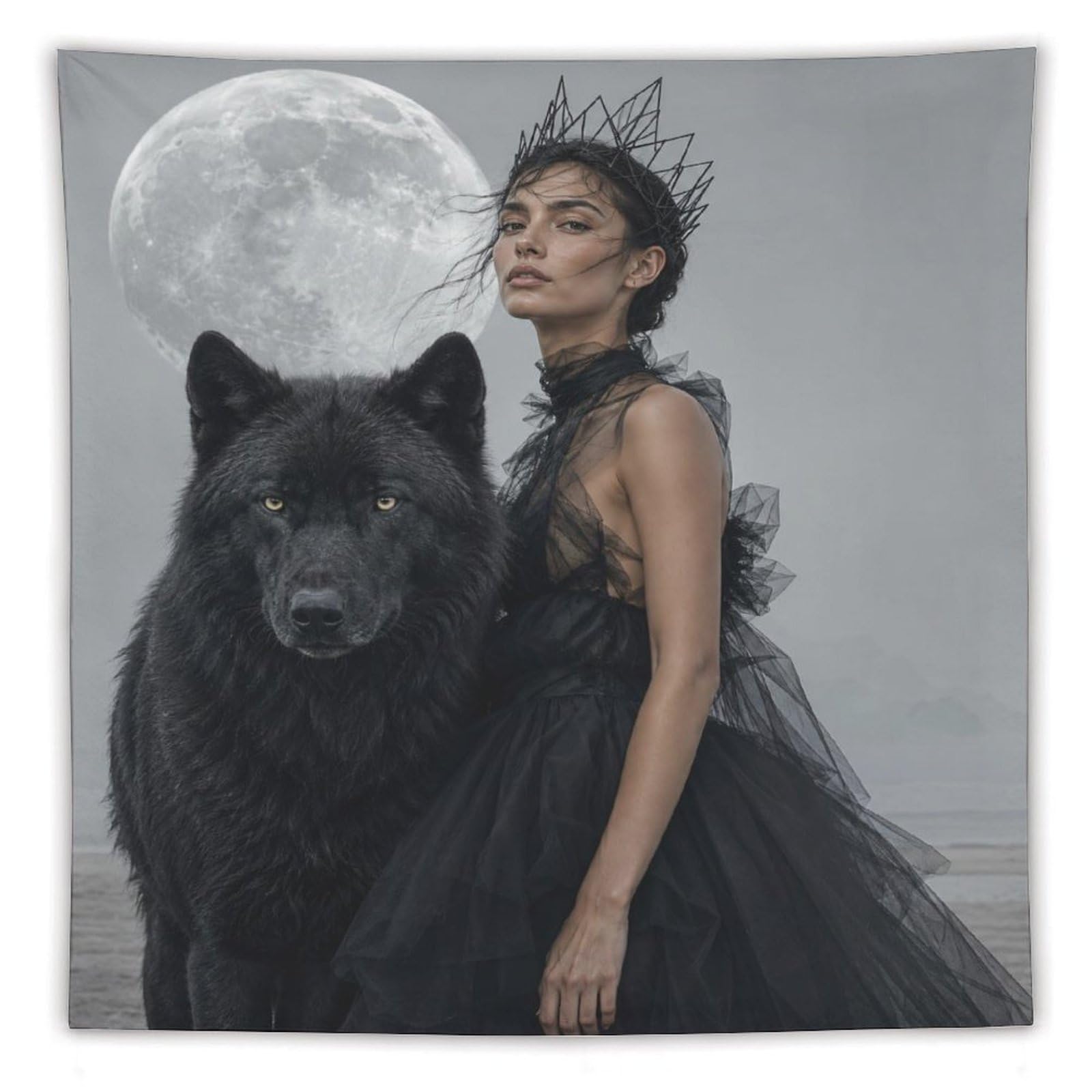 H3B8U2Y5 Woman with Black Wolf Wall Tapestry, Surrealist Style, Office
