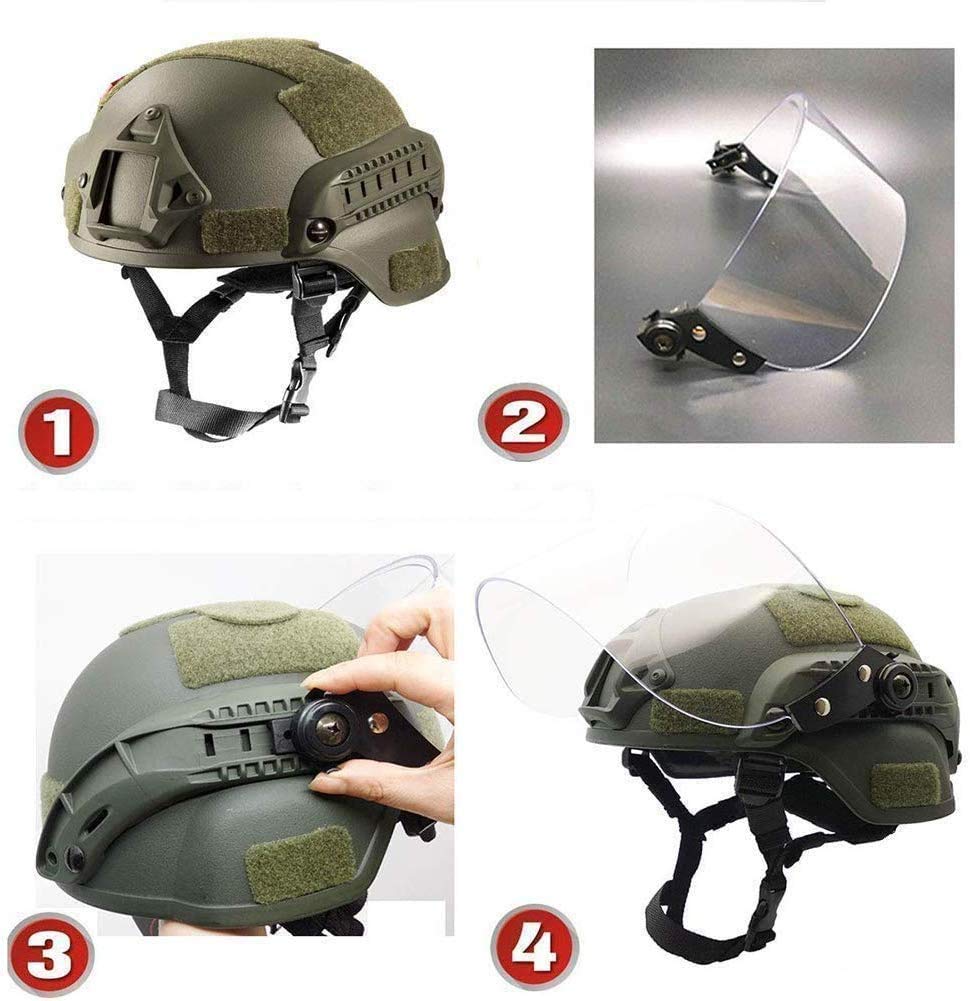 Taktischer Airsoft Mich 2000 ACH Helm,Mit Transparentem Visier NVG-Halter Und Seitenschienen für Airsoft Paintball CS Kriegsspiele im Freien