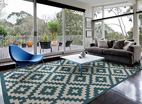 HOMEGNOME Indoor Outdoor Moroccon Trellis Rug 2.5'x7' Runner Ocean Blue Neutral