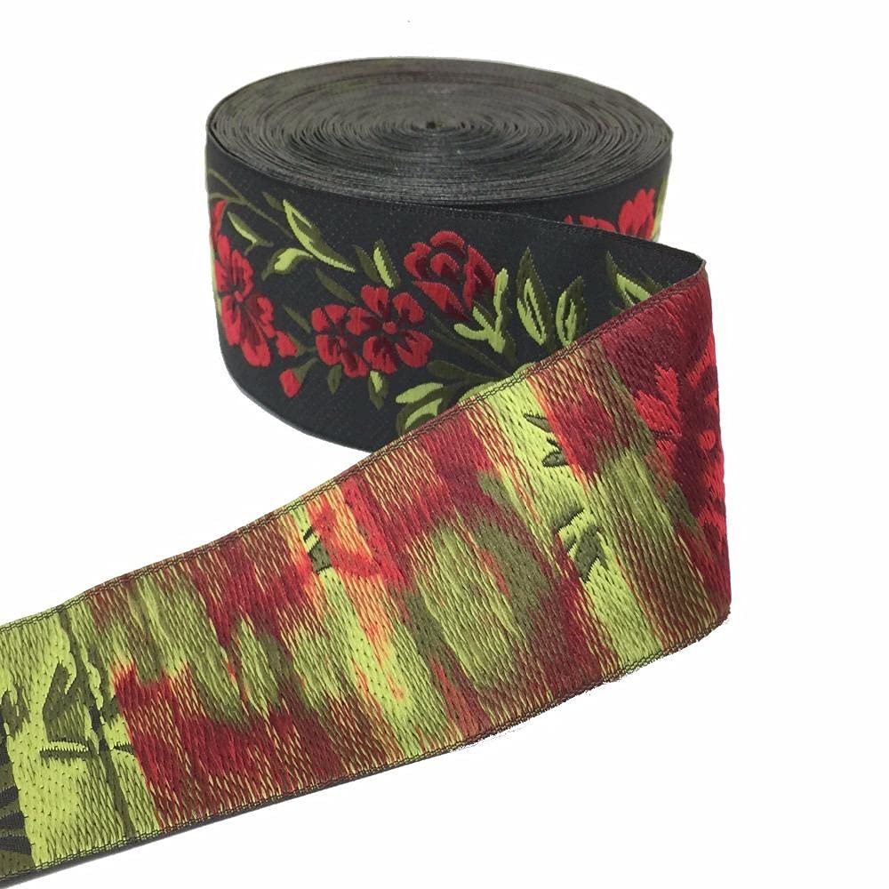 Ribbons For Gift Wrapping Ribbon For Fabric Satin Ribbons Róża Wysokiej Jakości Tkane Wstążka Żakardowa Czarne Tło Czerwony I Zielony Kwiat Wzór 5 Cm 10 Jardów Na Część Etniczna Koronkowa Wstążka-50Mm