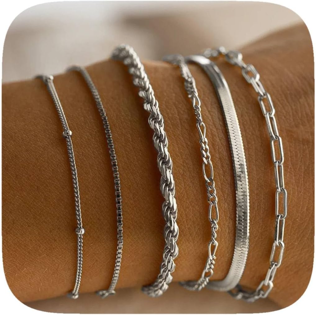 Gold Bracelets Stack for Women14k Gold Plated Link Bracelets Charm Trendy Dainty Beaded Stackable Layered Cuff Chain Bracelet for Women Jewelry Gifts Accessories Waterproof