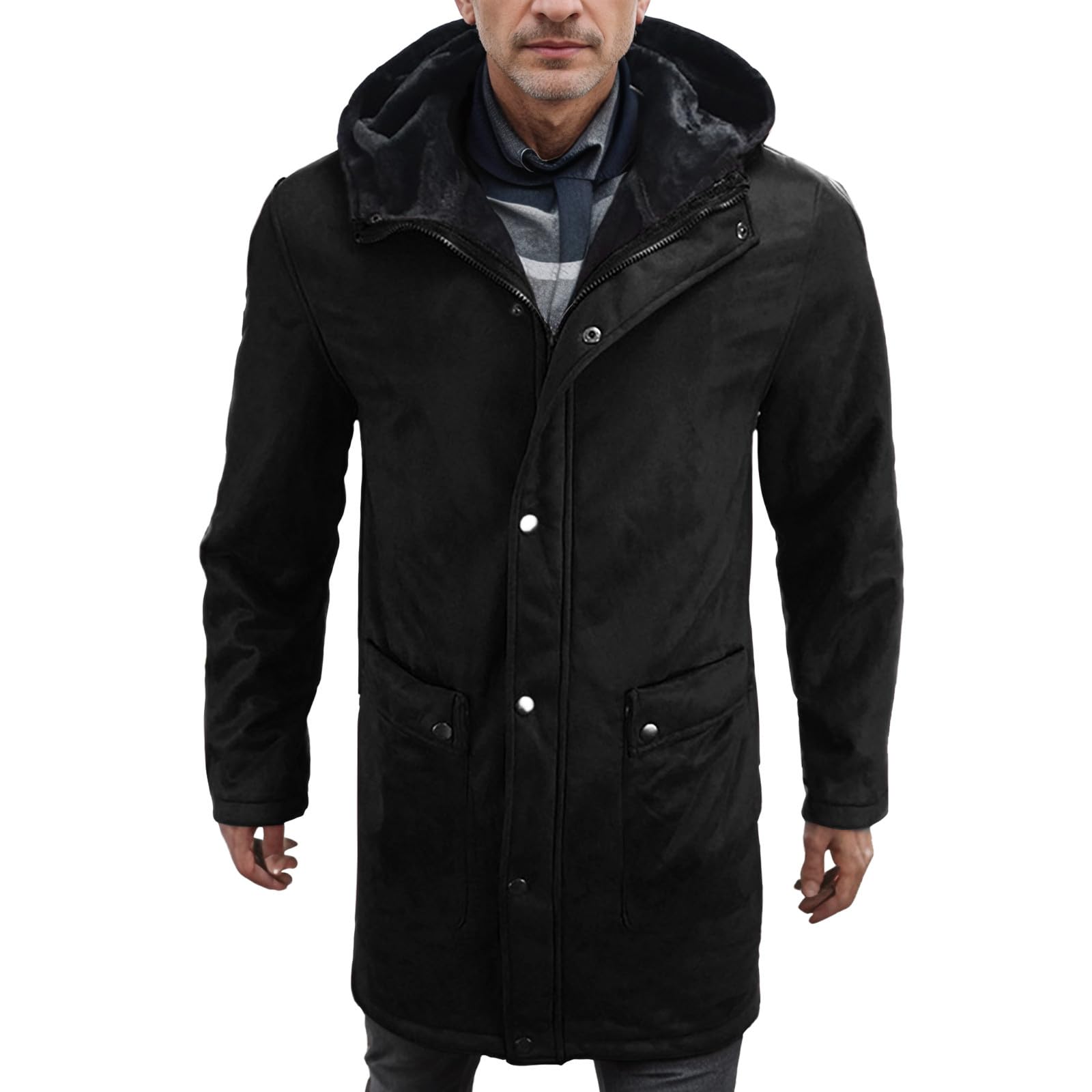 Generisch Wind Und Regenjacke Damen Lange Winterjacke für Herren mit Taschen, gepolsterte Jacke, lässiger Kapuzenmantel