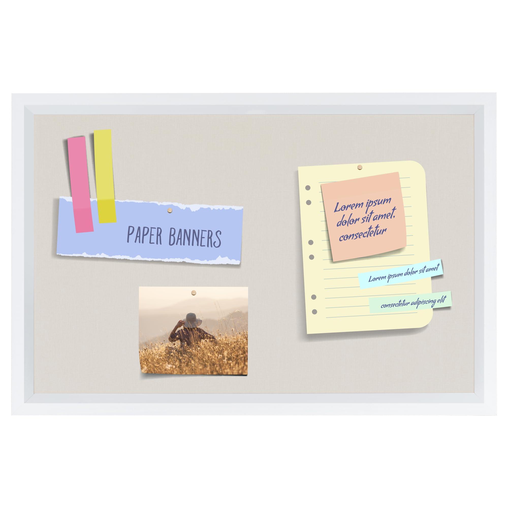 Bulletin Board Cork Board with Linen, 100% Wood Framed 30" x 20" Bulletin Board Decorations, Pin Boards for Walls, Wall Mounted Fabric Picture Board with 10 Pushpins for School, Home & Office, White