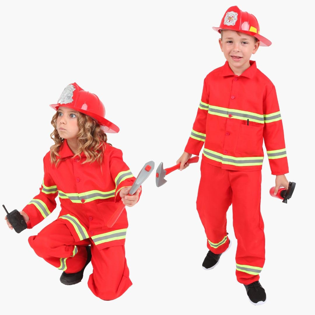 RUBIE'S Complete Firefighter Costume - Size 3-10 years - This complete firefighter costume, with long sleeve jacket, trousers, fire helmet, fire extinguisher, walkie talkie and axe.