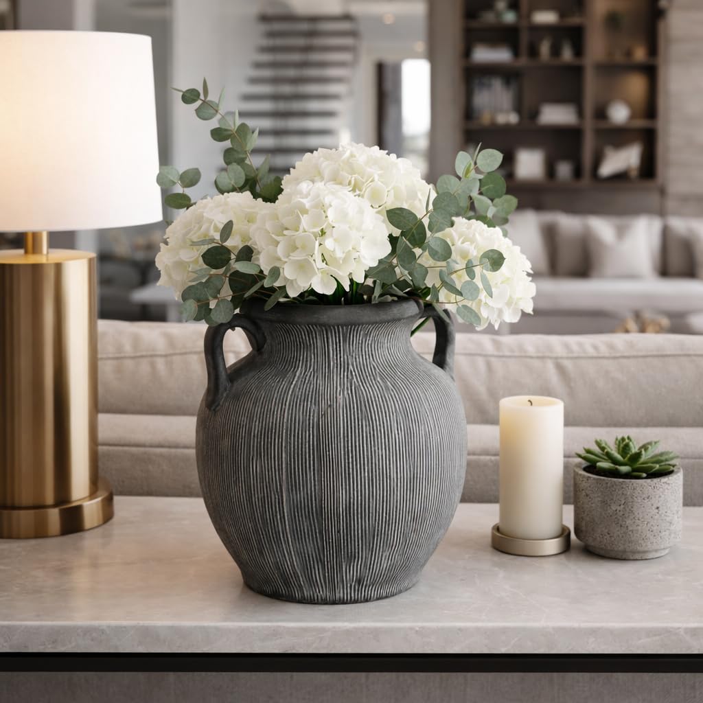 Textured Handled Jug Vase for Living Room Decor - Modern Home Display Accent with Ribbed Surface in Any Room - Sculptural Flower Vase for Bedroom, House, Office, and Table Styling - 10", Black