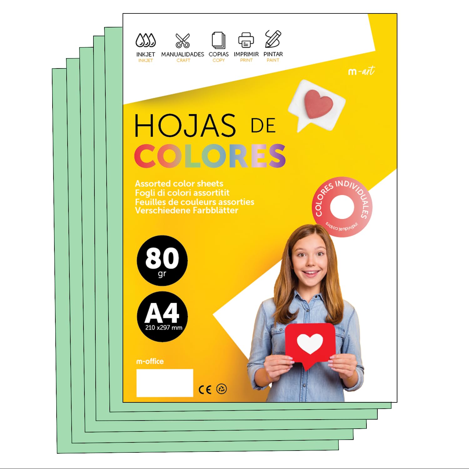 m-Office A4 80 g Coloured Paper for Printers and Crafts, Assorted Paper for Children, Pack of Colours for Cards, School and Creative Projects · m-Office (100h, Light Green) — image 1