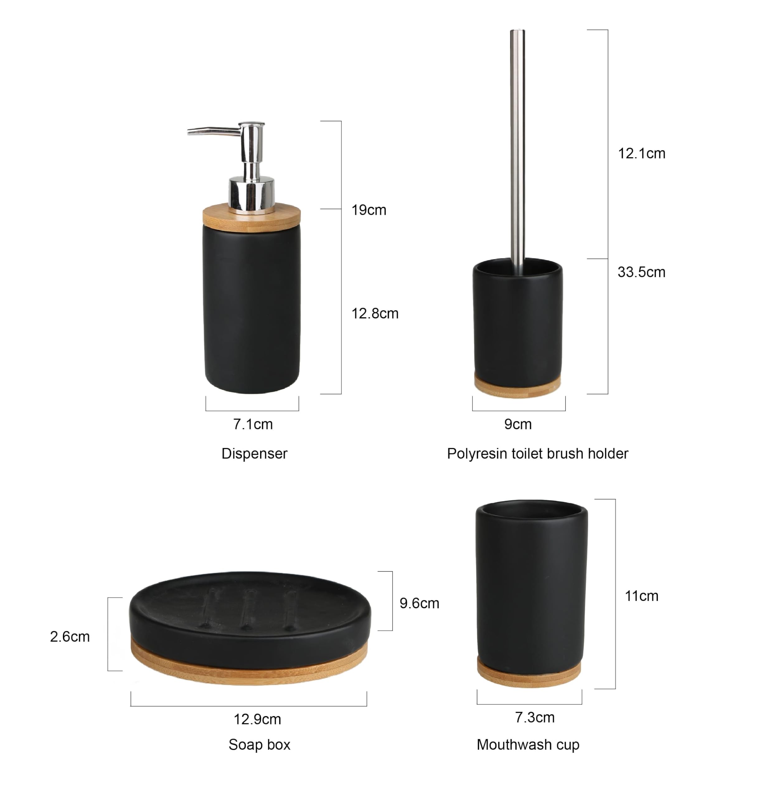 Juego de Accesorios de Baño, 4 Piezas, Negro y Bambú, Incluye Dispensador de Jabón, Portacepillos, Portaescobilla y Jabonera