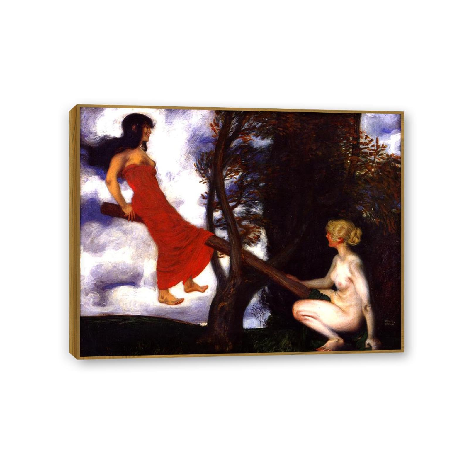 Hau3sh3a Franz von Stuck Wall Art Print The Seesaw Symbolism Canvas Poster Famous Artwork Wall Decor for Living Room Bathroom Office 90x70cm(36x28in) Teak frame