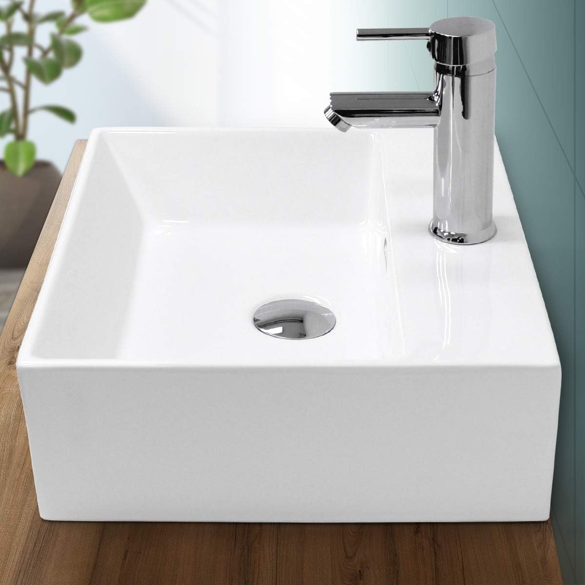 ECD Germany Lavabo Cerámico Rectangular con Agujero Conexión Estandar - Blanco - Lavamanos sobre Encimera - 415x360x130 mm - Diseño Moderno - Fregadero sin Juego de Desagüe - Realza Cada Baño o Aseo