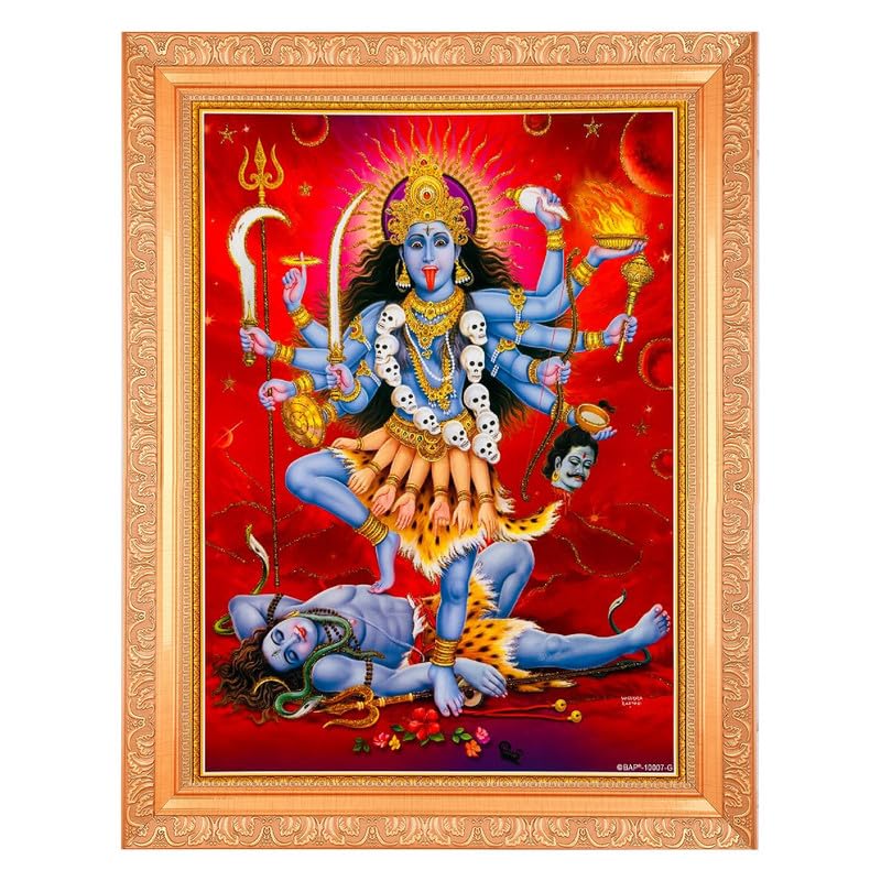 BM TRADERS Kali Devi Maa Beautiful Golden Zari Photo In ArtWork Golden Frame(11 x 14 Inch) OR (27.94 X 35.56 Cm) Housewarming Gifts
