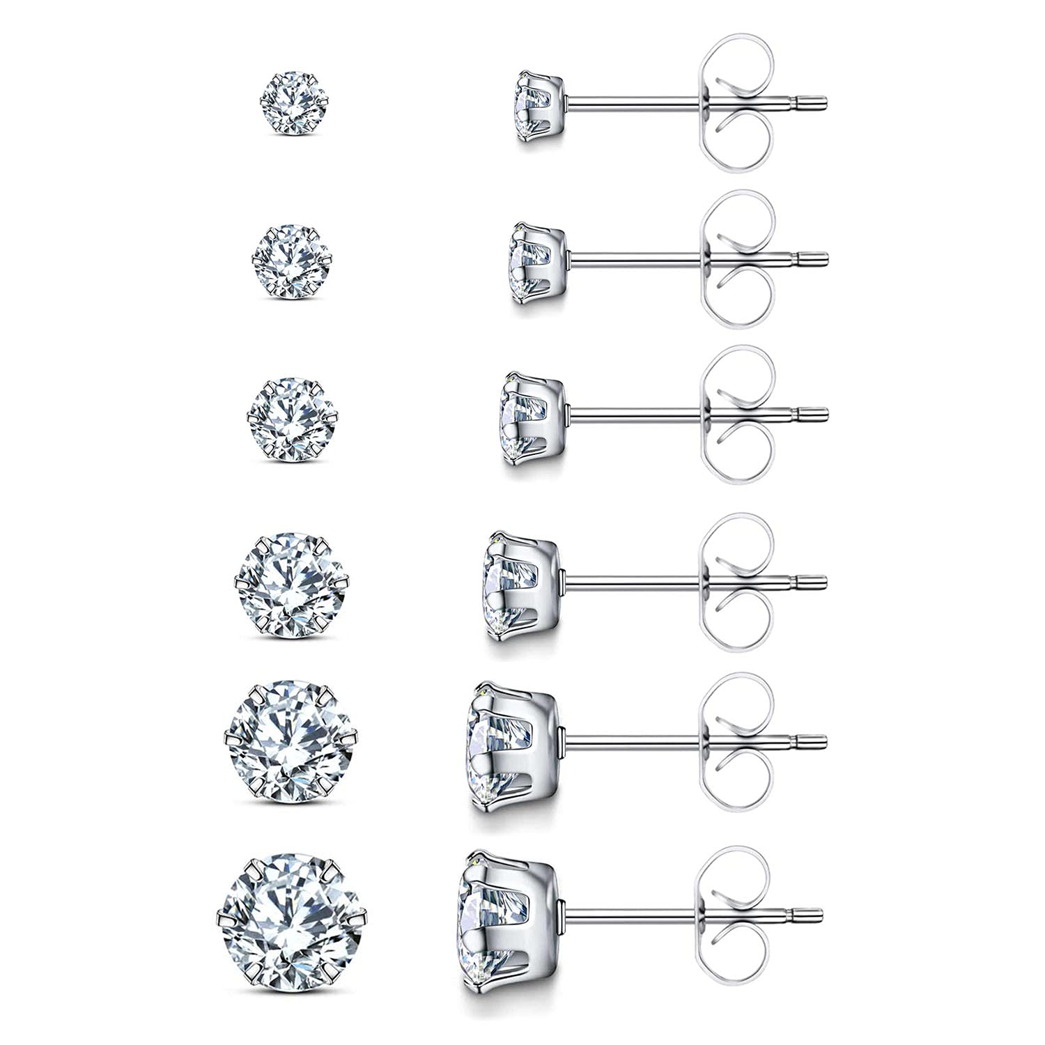 JiuemeStainless Steel Stud Earrings for Women Simulated Diamond Round Clear Cubic Zirconia Inlaid 6 Prongs Hypoallergenic Nickel Free Earring Studs for Sensitive Ears (3-8 mm) 6 Pairs