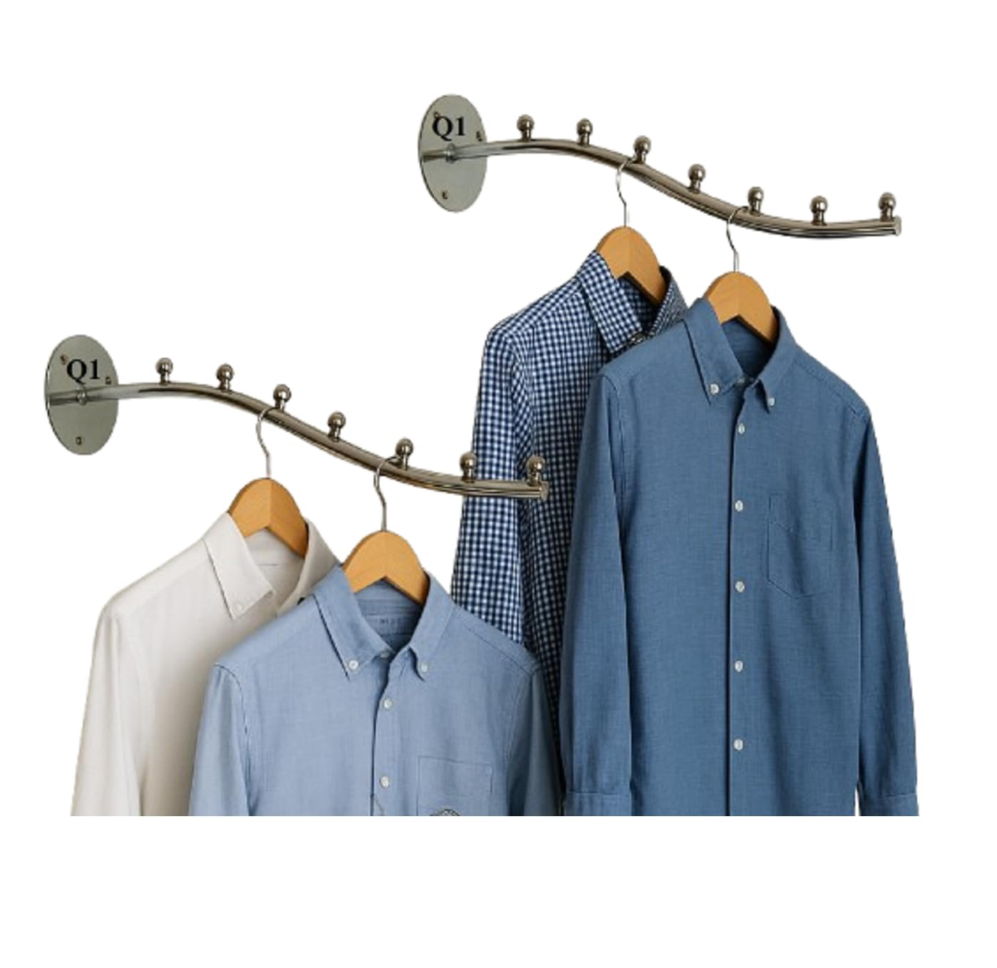 Q1 Beads 2 Pack Heavy Duty Wall Mount Wall Hanger for Clothes with Hardware Fittings 7 Ball pin Hooks Wall Drope Hanger for Shop/Showroom Display Hook Rail bar - Pack of 2, Steel