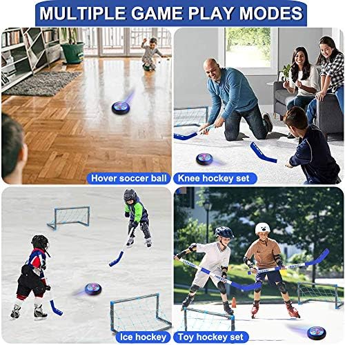 Kids Toys Sports Hockey Set,GEYUEYA Home LED Hockey Hover Set Portable Assembly Goals Indoor and Outdoor Air Power Soccer Hover Ball Gifts Training Sports Toys
