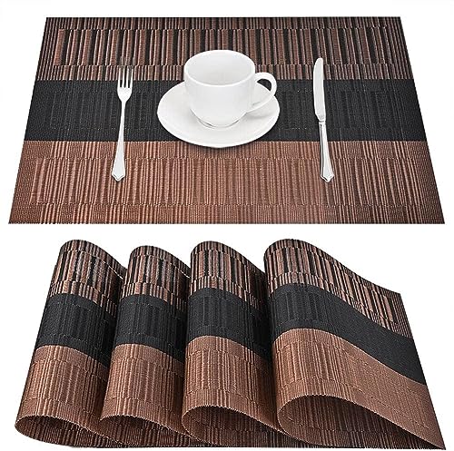 Image of Washable PVC Heat Resistant Colorful Place Mats for Kitchen Dining Table Mates Washable Heat-Resistant for Dining Table (Brown & Black, Pack of 4)