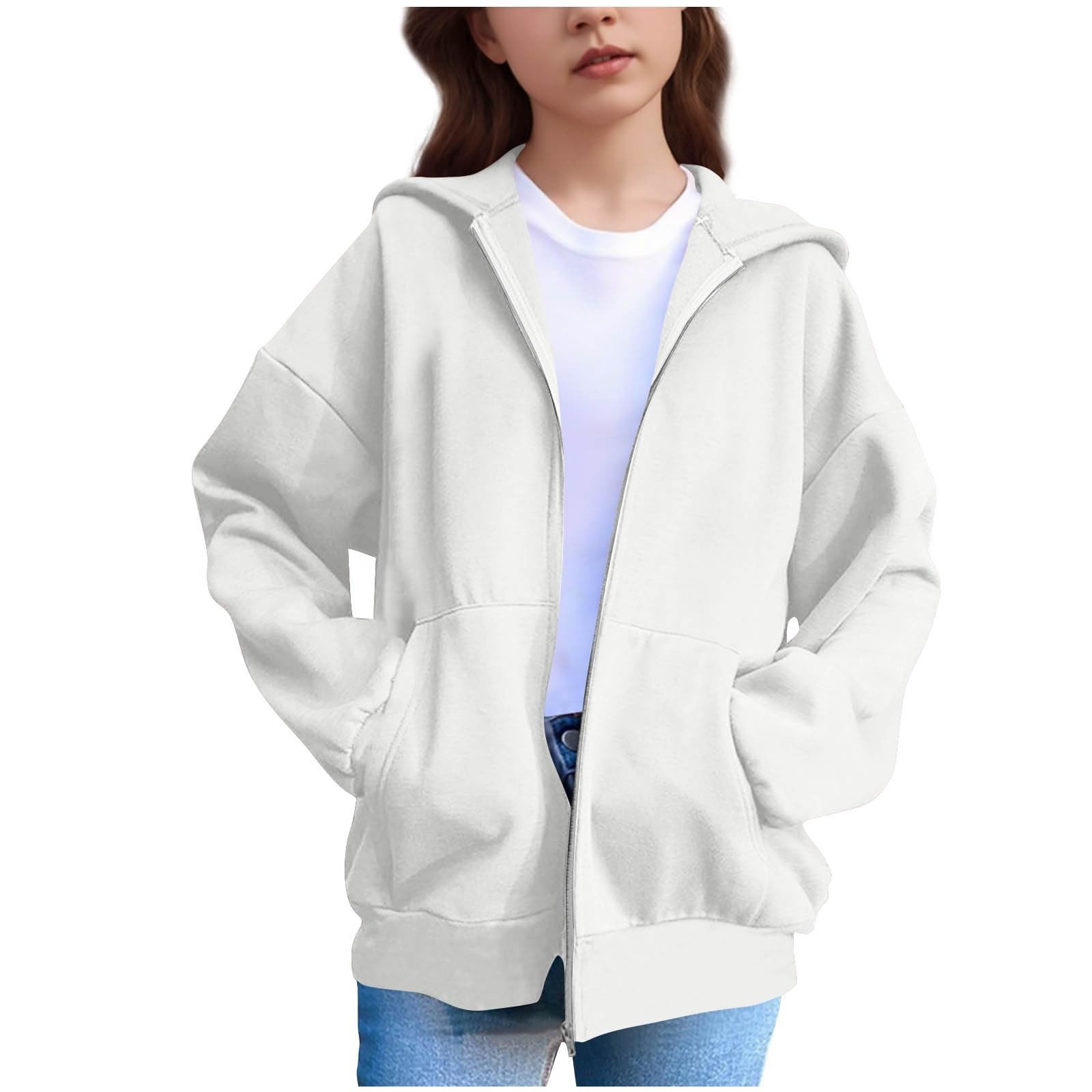 Sudadera con capucha para niñas, con cremallera, de gran tamaño, casual, a la moda, de manga larga, cómoda, para la escuela, lisa, con capucha