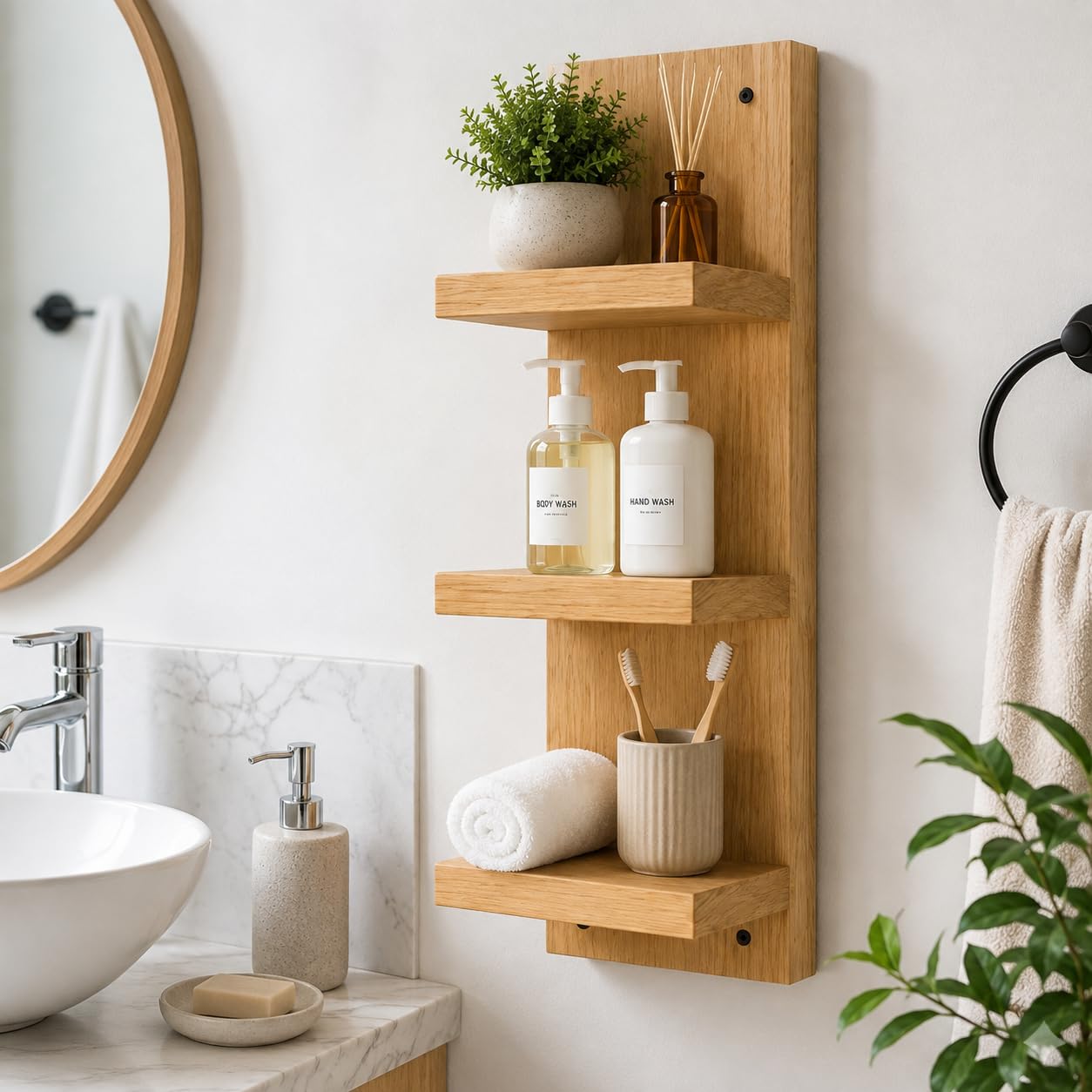 Mango Wood Wall Shelf, 3 Tier, 60 x 20 x 14 cm | Wall Mounted Storage Rack, For Bathroom, Living Room, Bedroom & Kitchen, Wooden Floating Display Shelf-image-13