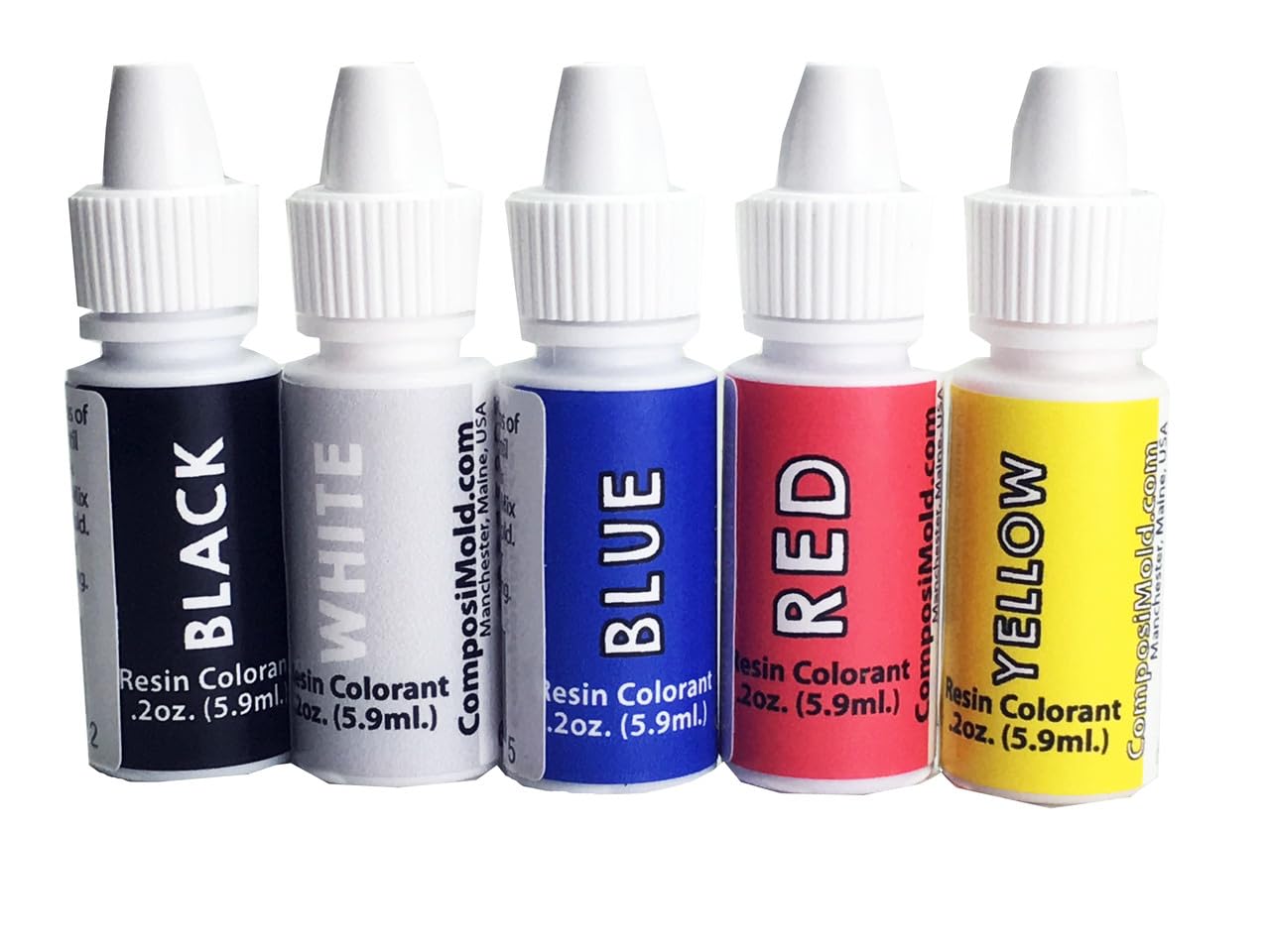 Epoxy Pigment Primary Colors (Colorant, Dye, Tint) 6cc (0.2 oz.) Kit Red, Black, Blue, White, and Yellow, Mix Colors to Make More Colors