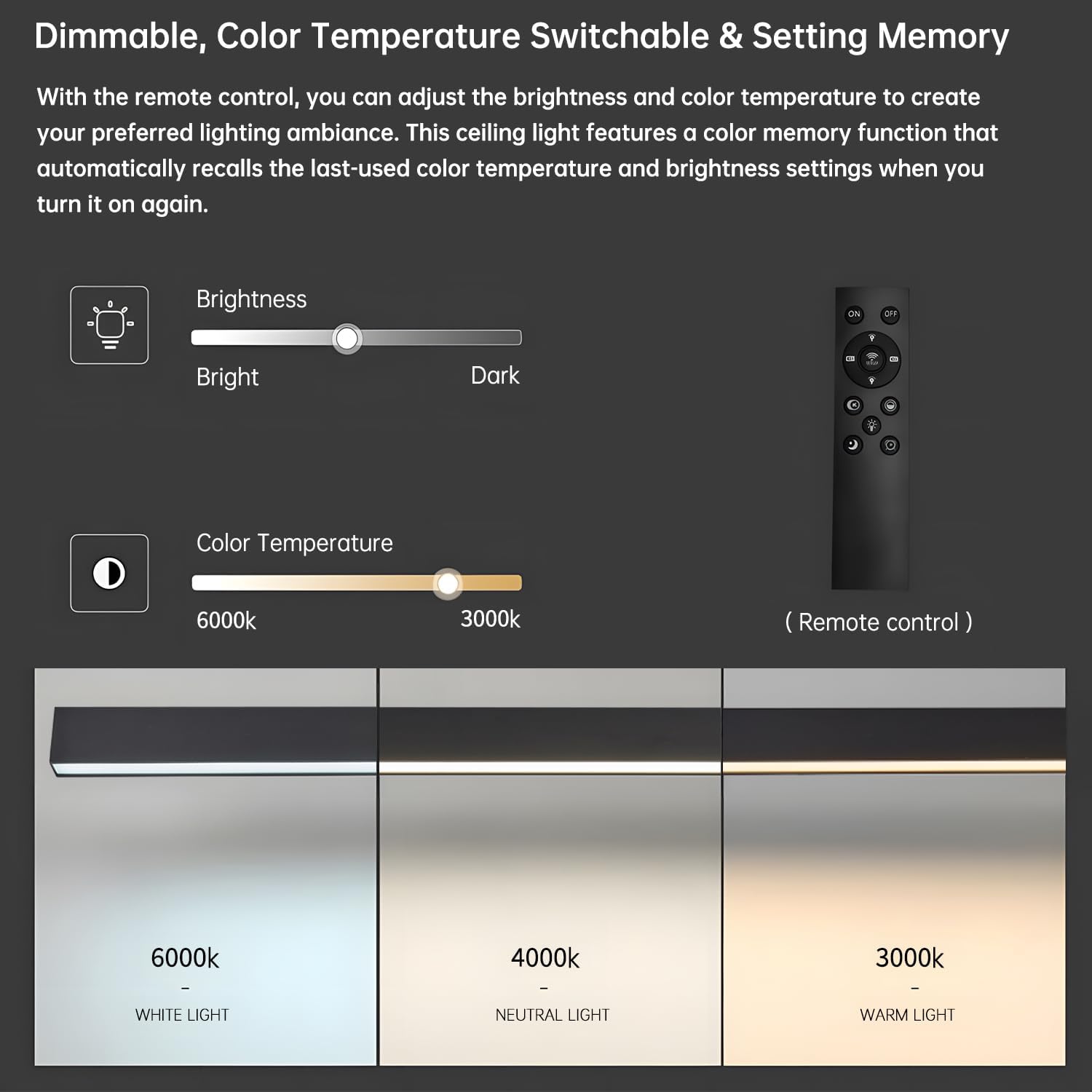 Black ceiling light LED, modern and simple, long strip ceiling surface installation, suitable for living room, bedroom, corridor and kitchen, remote control to switch color and brightness, 23.6 inches