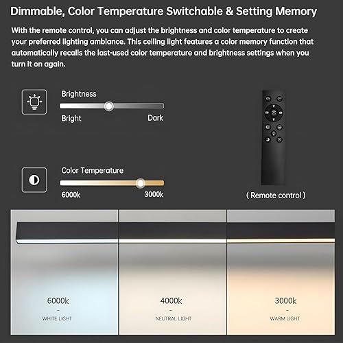 Miniatura 5 de Lámpara LED de techo negra, moderna y simple, instalación de superficie de techo de tira larga, adecuada para sala de estar, dormitorio, pasillo y