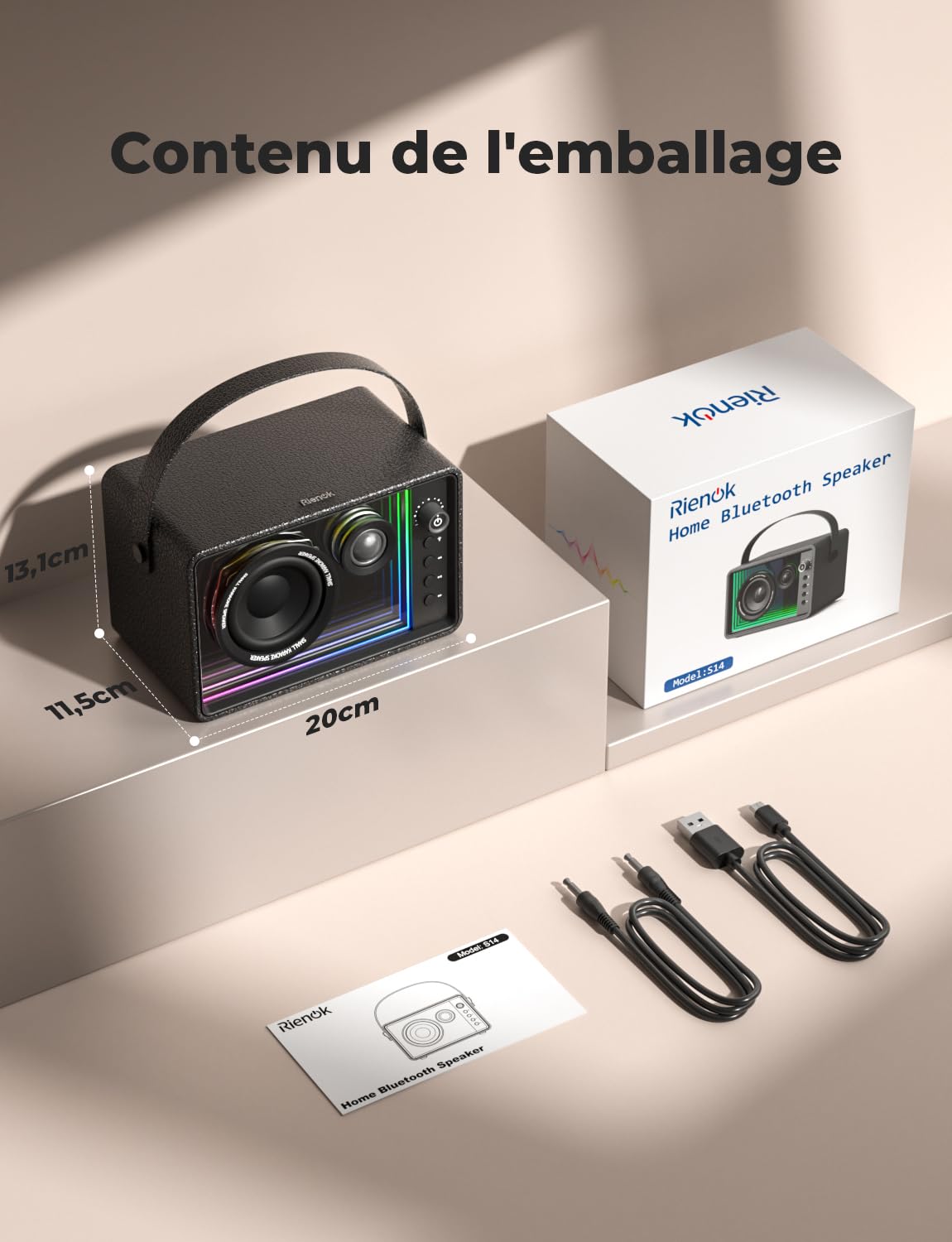 RIENOK Enceinte Bluetooth 40W, Tweeter et Woofer Haut Parleur Puissante Autonomie 15H, 8 Lumières RGB, Bluetooth 5.3, Son Stéréo sans Fil, Soutien AUX, Carte TF, Clé USB, pour Maison, Fêtes Soirées