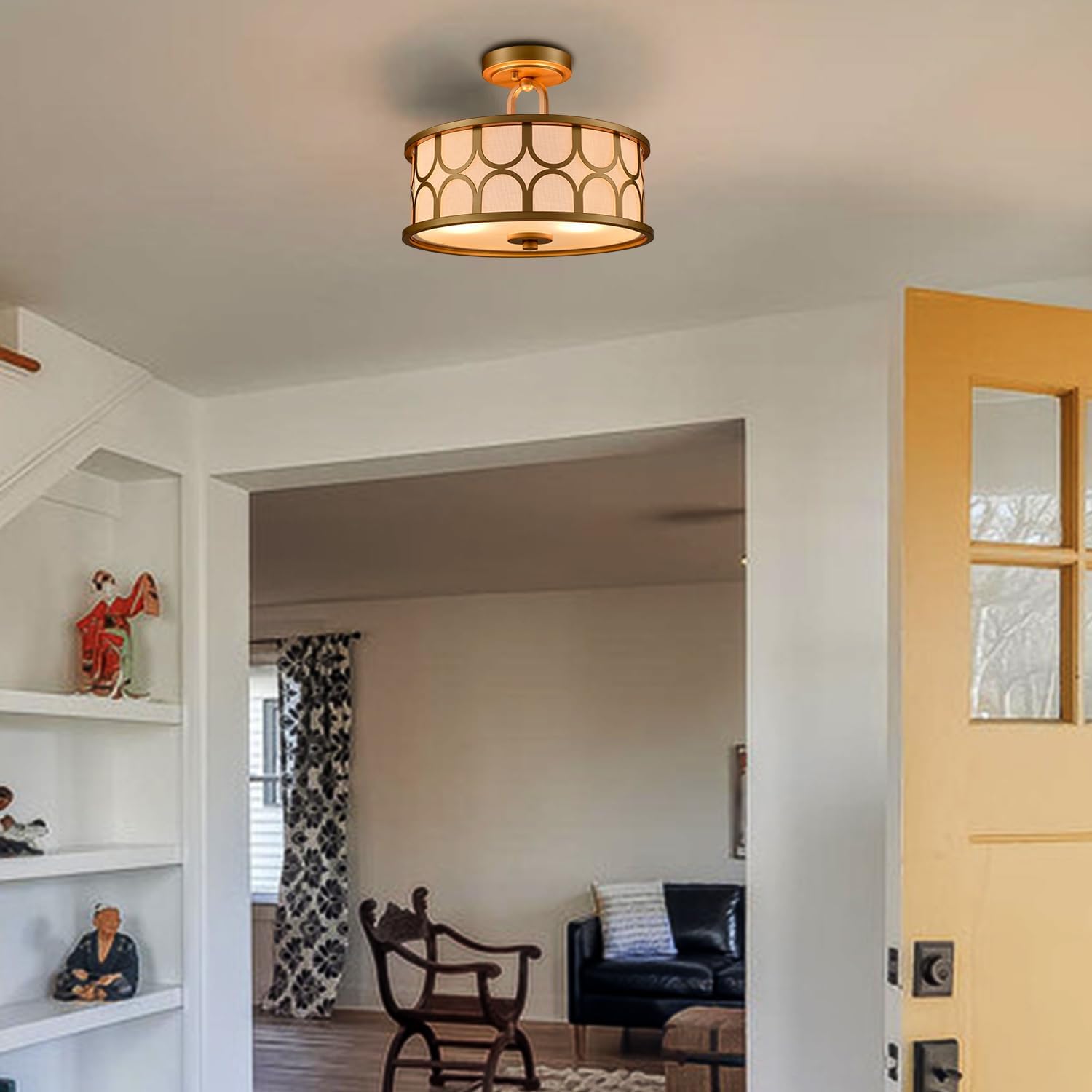 Gold Drum Semi Flush Mount Ceiling Light 12.99" 2-Light Double Modern Drum Light Fixtures Ceiling for Hallway Bedroom Living Room Porch Entryway