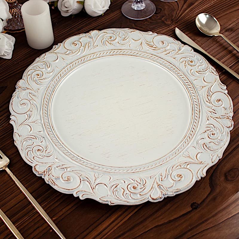 Balsa Circle 6 pcs 14-Inch Antique White Gold Metallic Round Baroque Plastic Charger Plates Wedding Reception Decorations Supplies