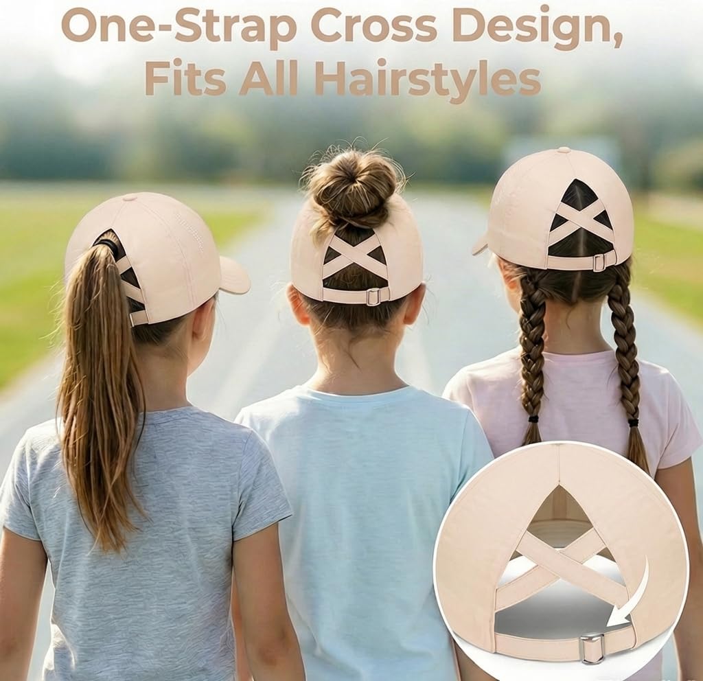 BROMZ Girls Ponytail Hat Quick Dry Kids Baseball Cap Lightweight Outdoor Summer Mesh Sports Hats for 4-12 Years