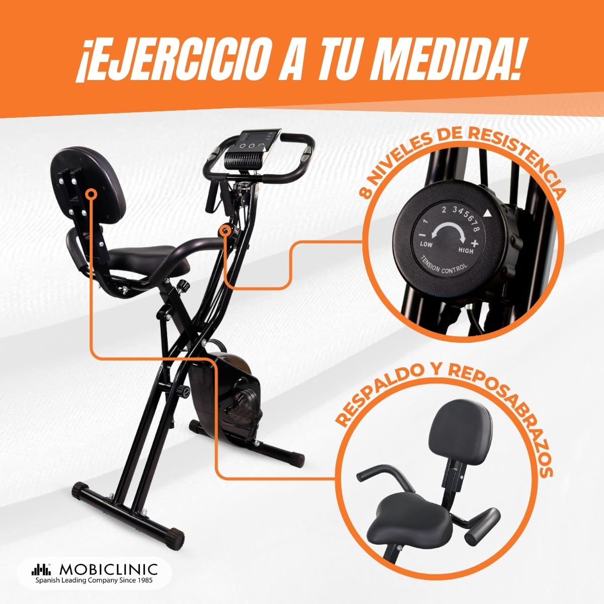 Mobiclinic® fitness, Bicicleta estática plegable + cintas de resistencia, 2 en 1, Everest, 8 niveles, Hasta 100kg, Pantalla lcd, Medidor pulso, Asiento regulable, Rueda, 5kg, Trainer x-bike