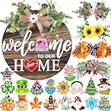 Interchangeable Welcome Sign for Front Door with 4 Seasonal Wreaths and 21 Changeable Icons, Farmhouse Rustic Outdoor Welcome Signs Porch, Holiday Spring Summer Winter Fall Decorations for Home Gifts