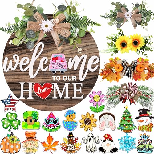 Interchangeable Welcome Sign for Front Door with 4 Seasonal Wreaths