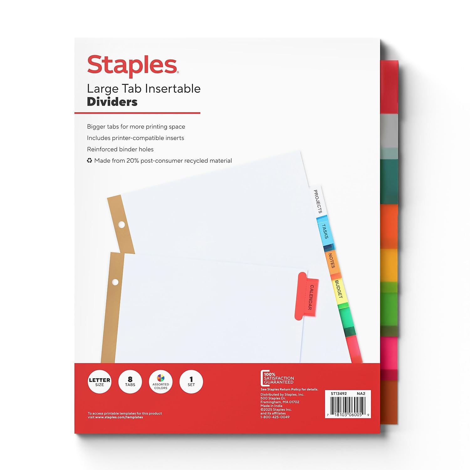 Staples 462754 Big Tab Insertable Paper Dividers 8-Tab Multicolor (13492/11123)