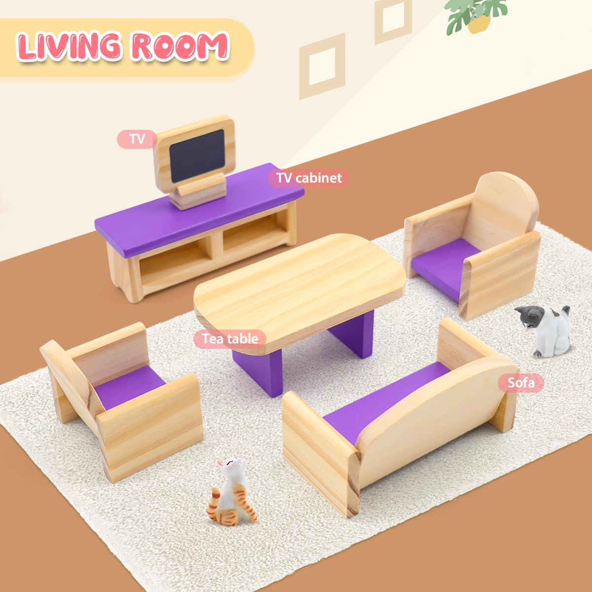 25PCS Wooden Doll House Furniture Set,Realistic Dollhouse Accessories with Bedroom,Living Room,Dining Room Accessories,Mini Cats for Pretend Play Educational Toys for Girls Boys Children Toddlers 3+ - Image 4