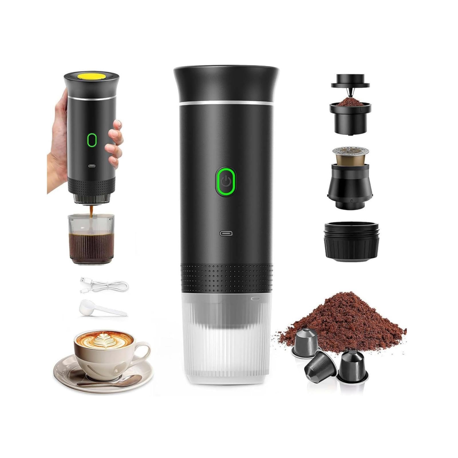 Mini Cafetera Portatil, Cafetera Portátil Cápsula de Espresso 3 en 1, Autocalentamiento de 2a6 Minutos, Para Cápsulas Pequeñas o Grandes y Café Molido,Cafetera Portátil para Oficina y Hogar (negro)