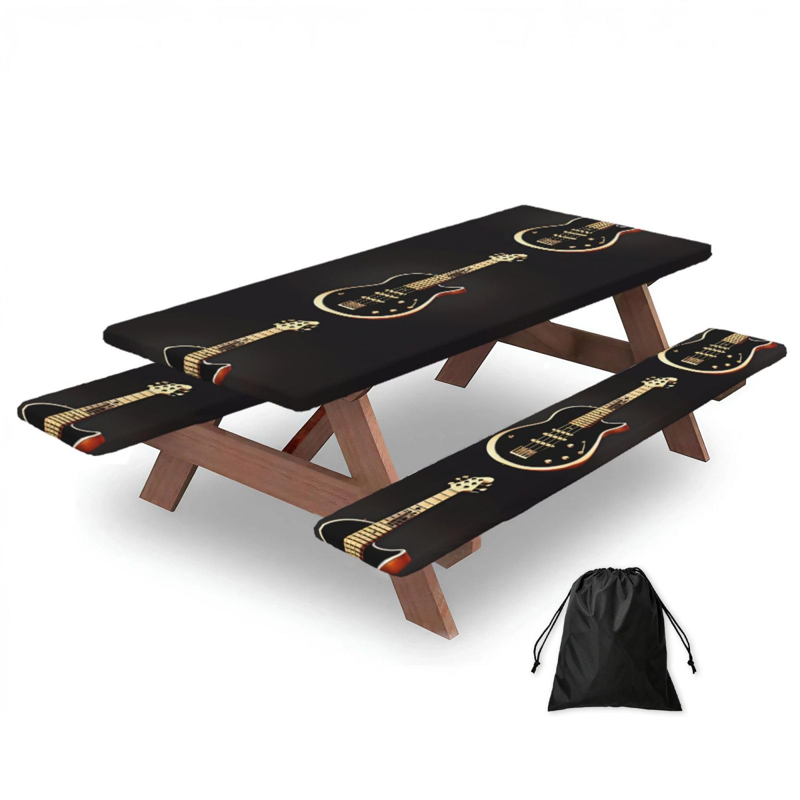 Erwqavc Black Guitar Print Picnic Table Cover & Bench Covers 3-Pack Set, Elastic Tablecloths For 6 Ft Rectangle Tables