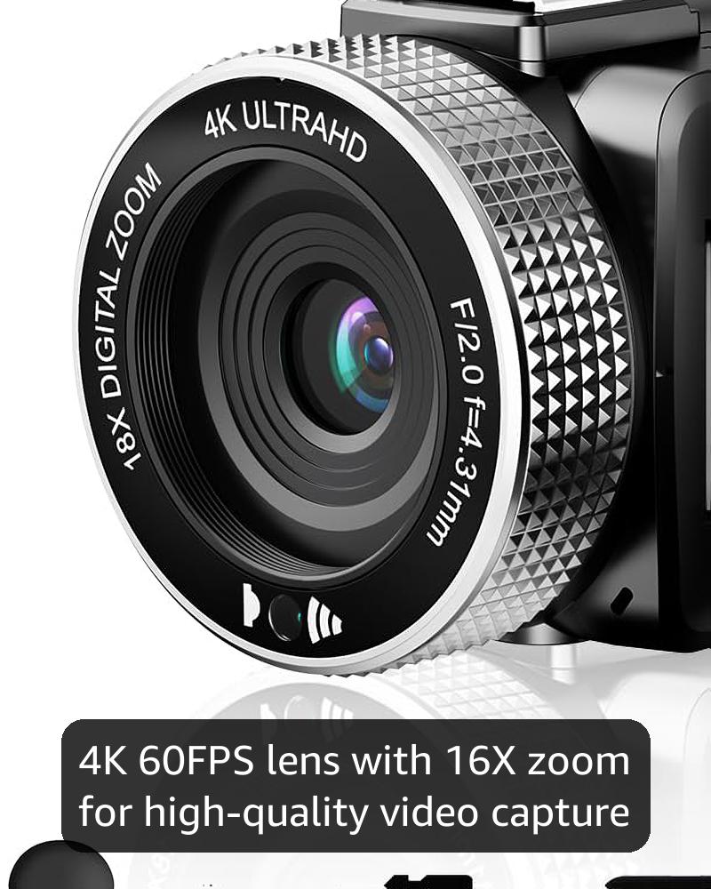 Vmotal 4K video camera, 48MP Photo/ 4K 60FPS Video Recorder, digital camcorder for vlogging Youtube，with 2 batteries/wireless MIC/SD card/Remote