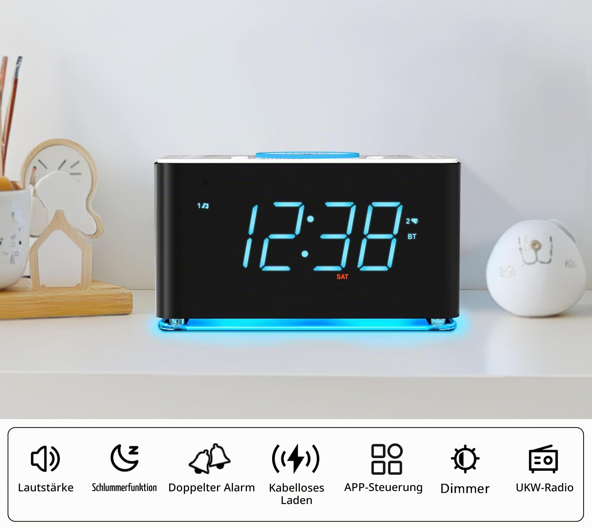 iTOMA Radiowecker, 15 Watt kabellose Ladegerät, APP-Steuerung, Bluetooth, USB-Anschluss, Dual-Alarm, Snooze, Dimmer, 1,4-Zoll-Display Eisblau-LED-Nachtlicht CKS207 (207A)