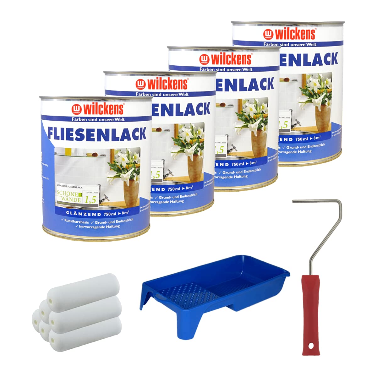 4 Dosen FLIESENLACK inkl. FARBROLLER WILCKENS weiß für 32 qm
