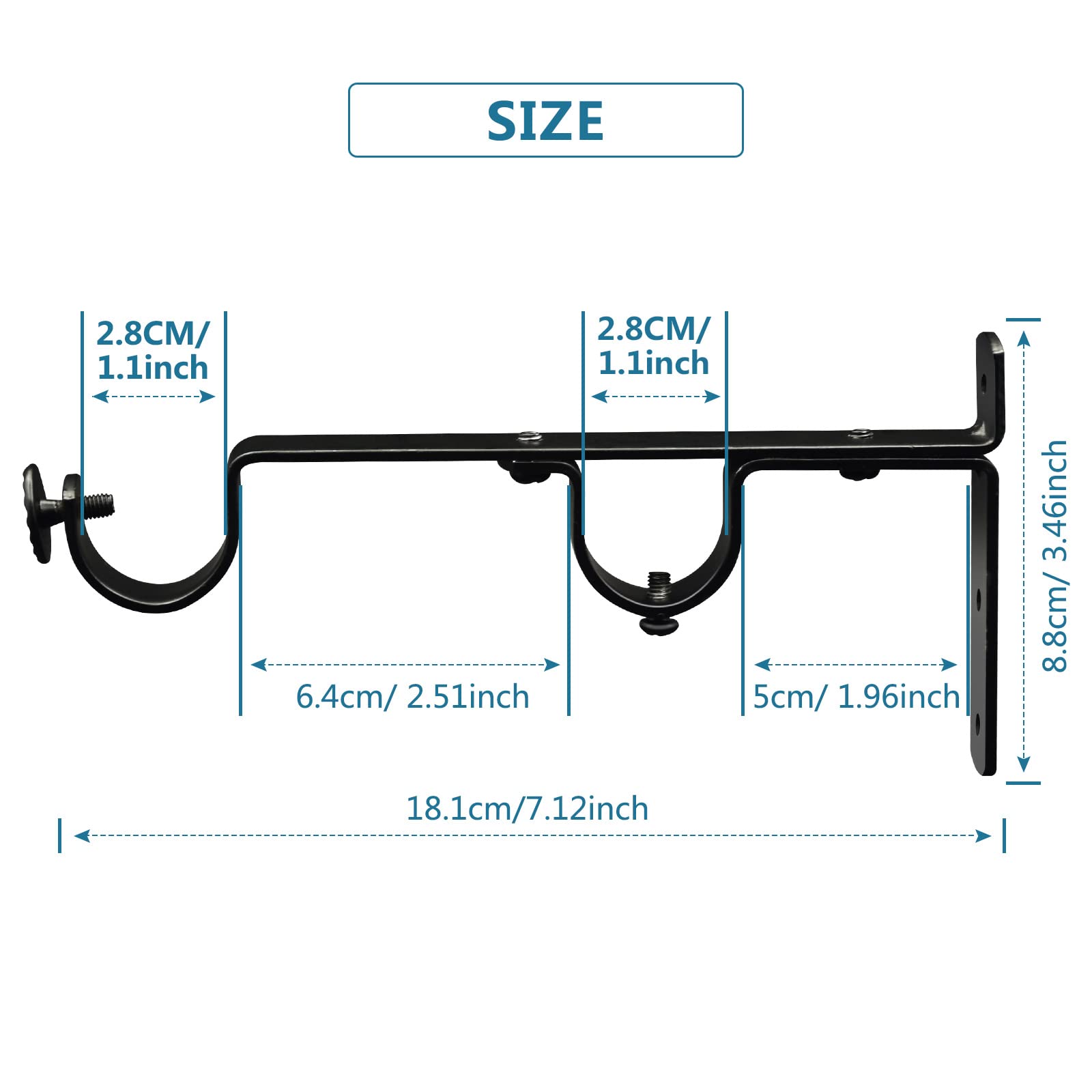 TOKPLNU Lot de 10 supports de tringle à rideaux doubles - Résistants - Noirs - Pour tringle à rideaux murale de 2 à 2,8 cm