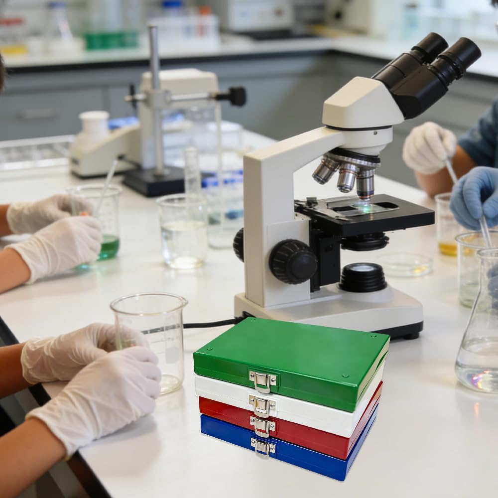 Caja de 5 unidades para 100 portaobjetos, económica, caja de microscopio, rectangular, caja de almacenamiento para laboratorio, revestimiento de corcho