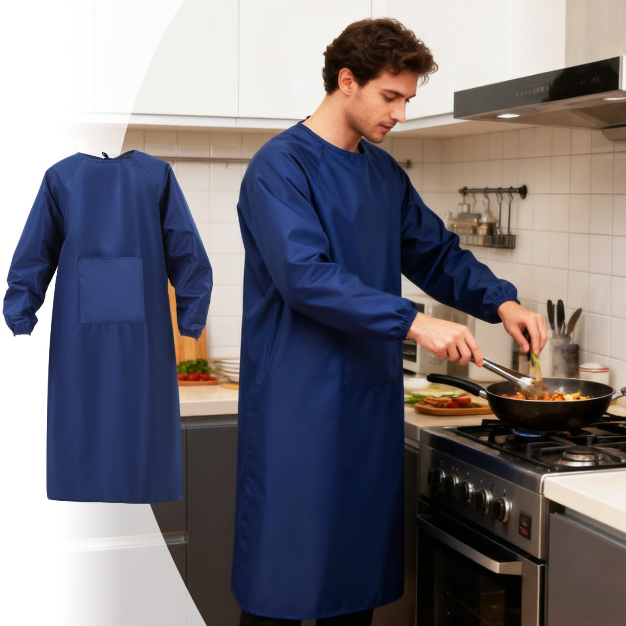 VILLCASE Tablier avec manches, tablier de peinture avec poche, tissu imperméable anti-huile, tablier de cuisine pour adultes (Bleu foncé)