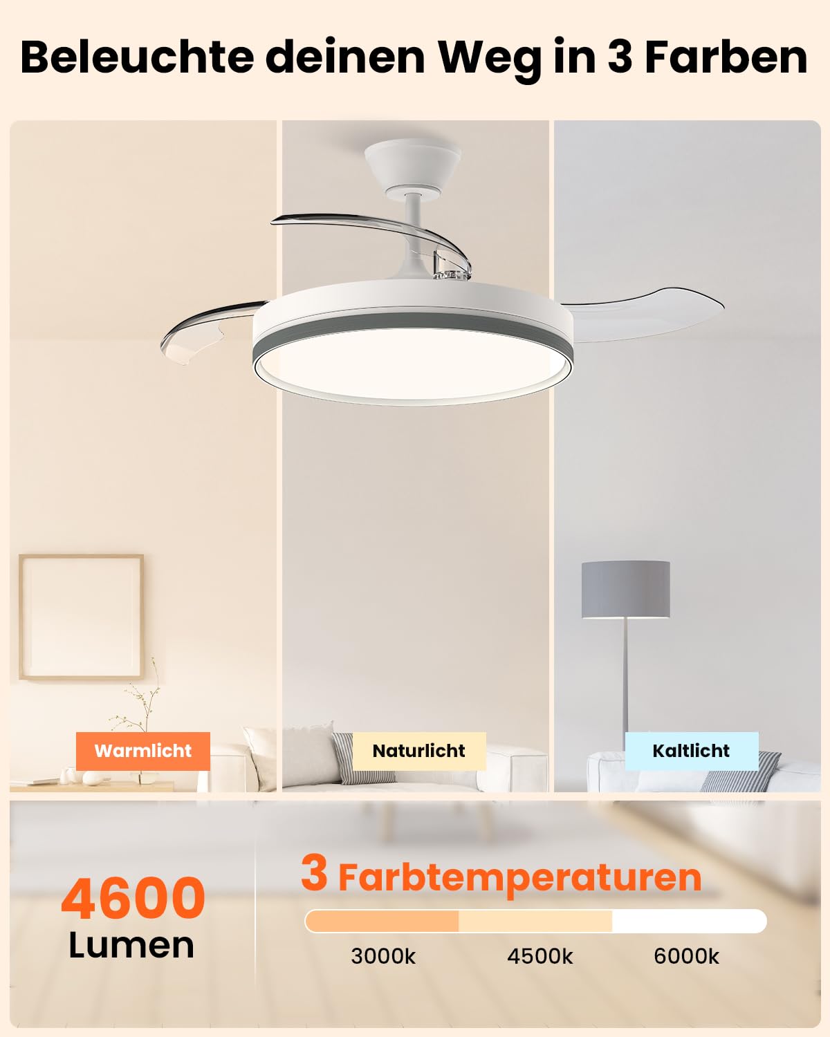 Airwit 106cm Einziehbares Deckenventilator mit Beleuchtung und Fernbedienung, 3 Farbtemperaturen Lampe mit Ventilator, Leise Deckenventilator mit Licht DC Motor für Wohnzimmer, Schlafzimmer
