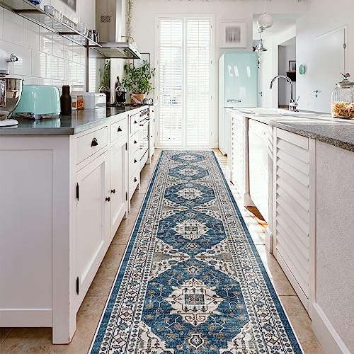 Hallway Washable Runner Rug - 2'6x14 Kitchen Rugs Entryway Rug Runner Vintage Soft Floor Mat Non Slip Indoor Farmhouse Carpet for Bathroom Living Room Bedroom (2'6''x14', Blue)