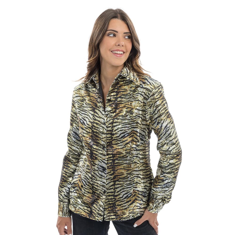 Chaks - Women's tiger shirt with sequins, glitter animal print shirt, costume accessory for carnival and parties
