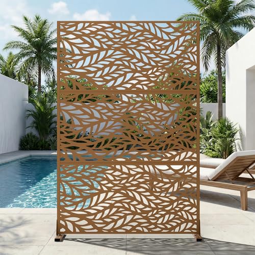 Casaphoria Metal Privacy Screen Outdoor, 72" H x 47" W Freestanding Decorative Privacy Screen for Patio Deck Balcony Garden with Stable Base, Brown-Spring