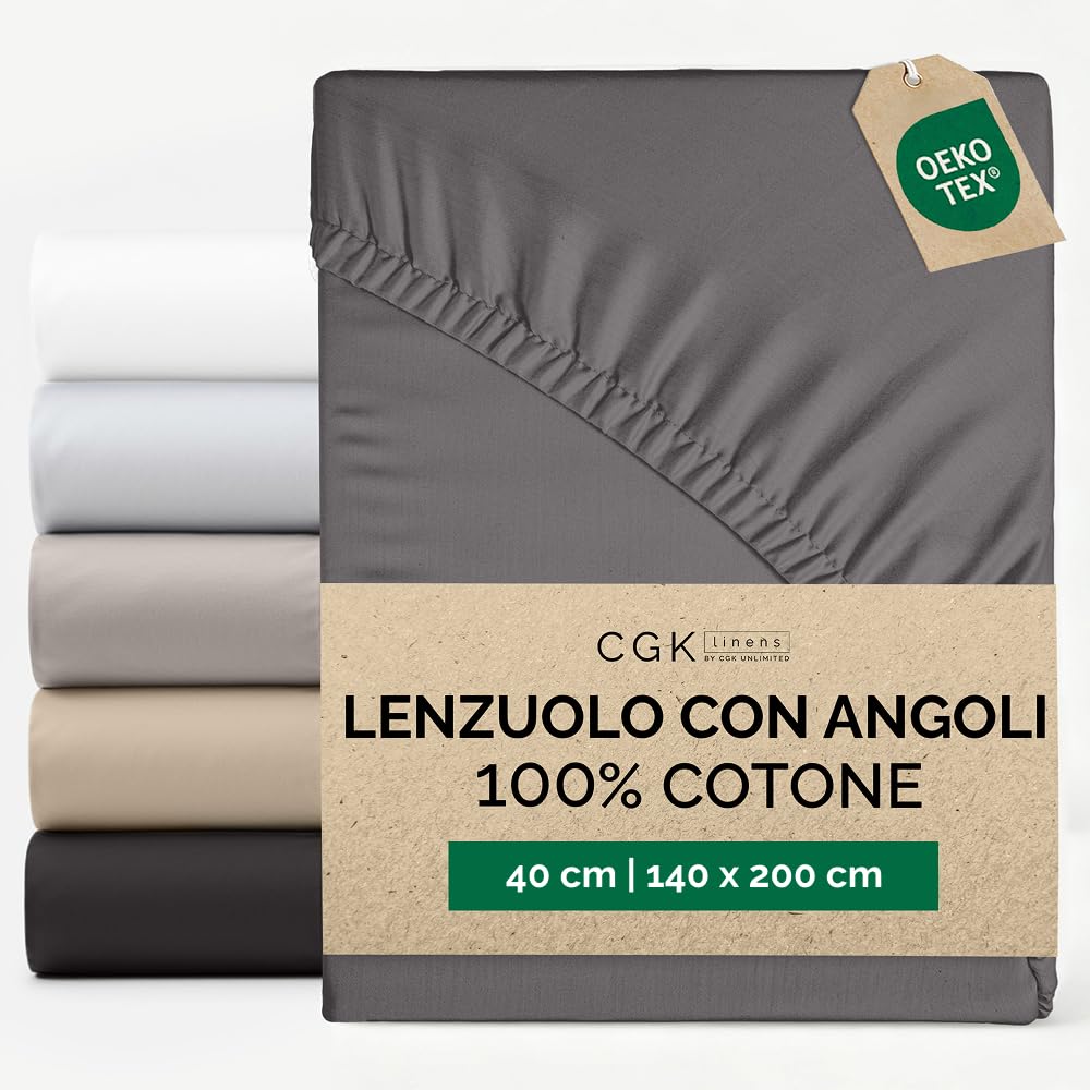 Lenzuolo con angoli 140x200cm - 100% cotone per materassi fino a 40 cm di altezza - Cotone premium 400 fili - Adatto anche per letti a molle - Confezione singola - Certificato OEKO-TEX - Grigio scuro