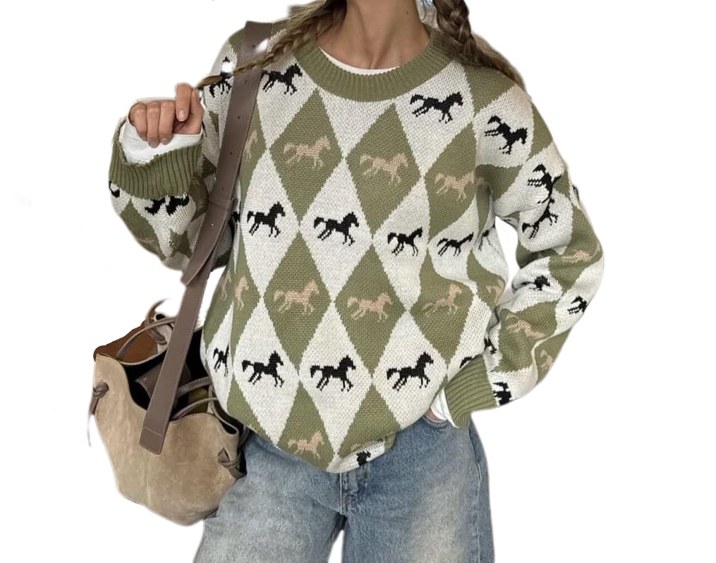 Womens Western Vintage Horse Sweater Crew Neck Long Sleeve Fall Winter Y2k Argyle Knit Pullover Sweater