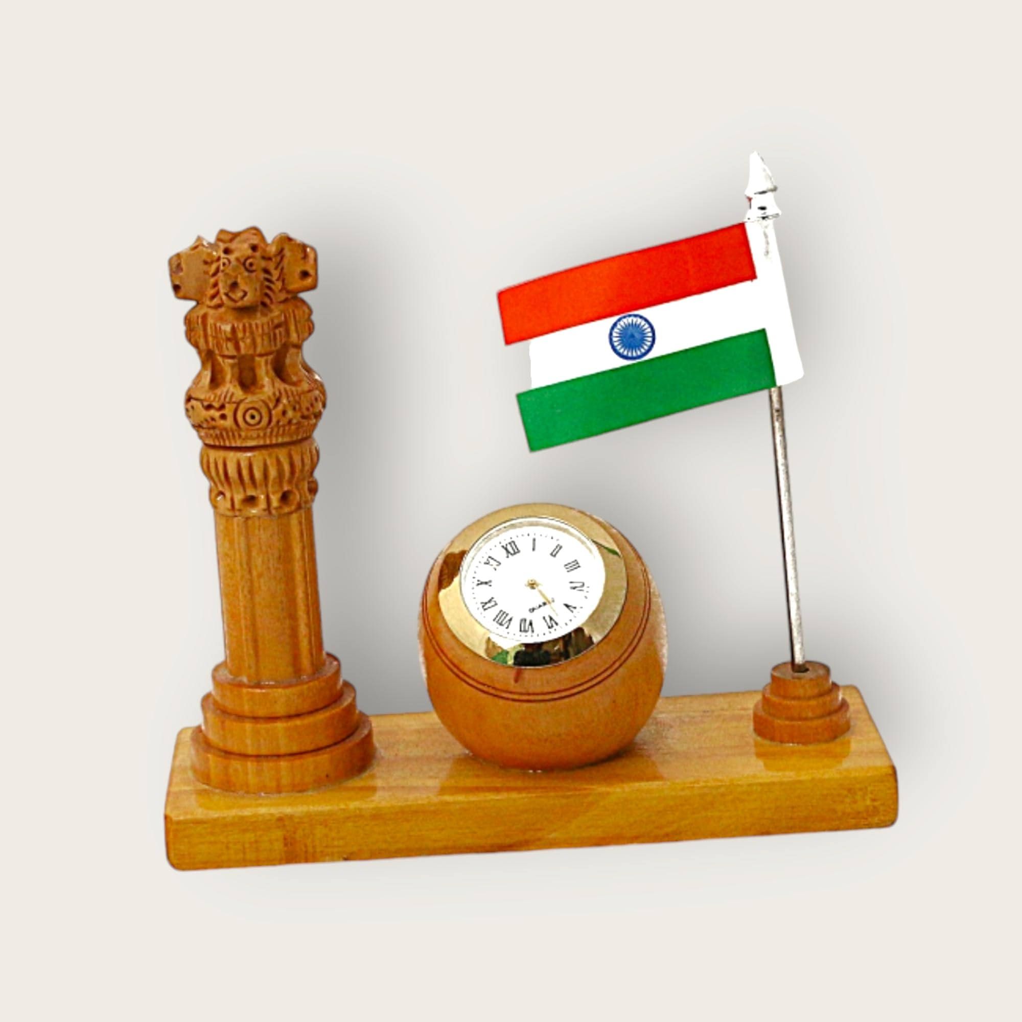 Town Craft Antique Wooden Handmade Handicraft Ashok stambh with Decorative Analogue Clock and Indian Flag Decorative Gift Item (Surprise Gift Free for on a Cash on delivery Order)