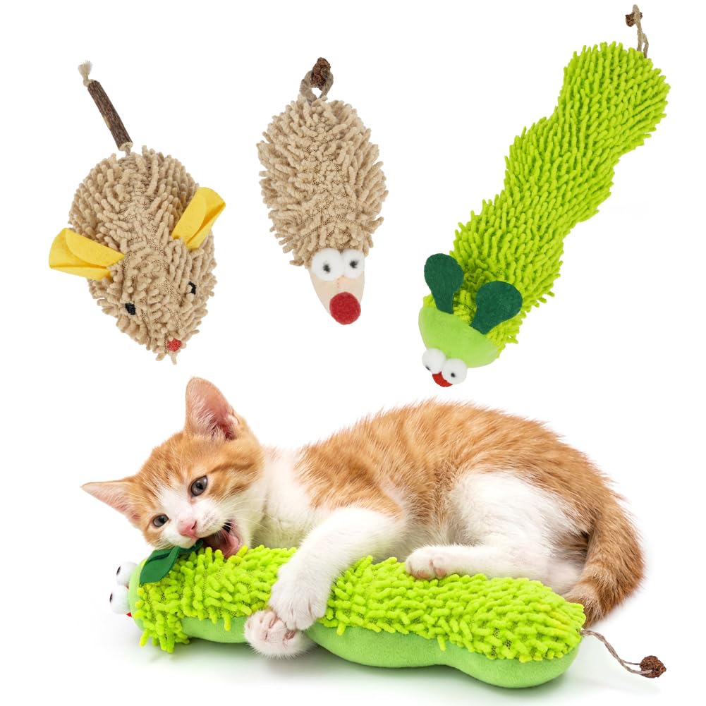 OSDUE Gioco per Gatti con Catnip,3 Peluche Catnip A forma Bruco Erba Gatta | Giocattolo interattivo per gatti,per Giocare, Mordere, Masticare,Cats Dental Care,con design a forma di bruco,topo riccio